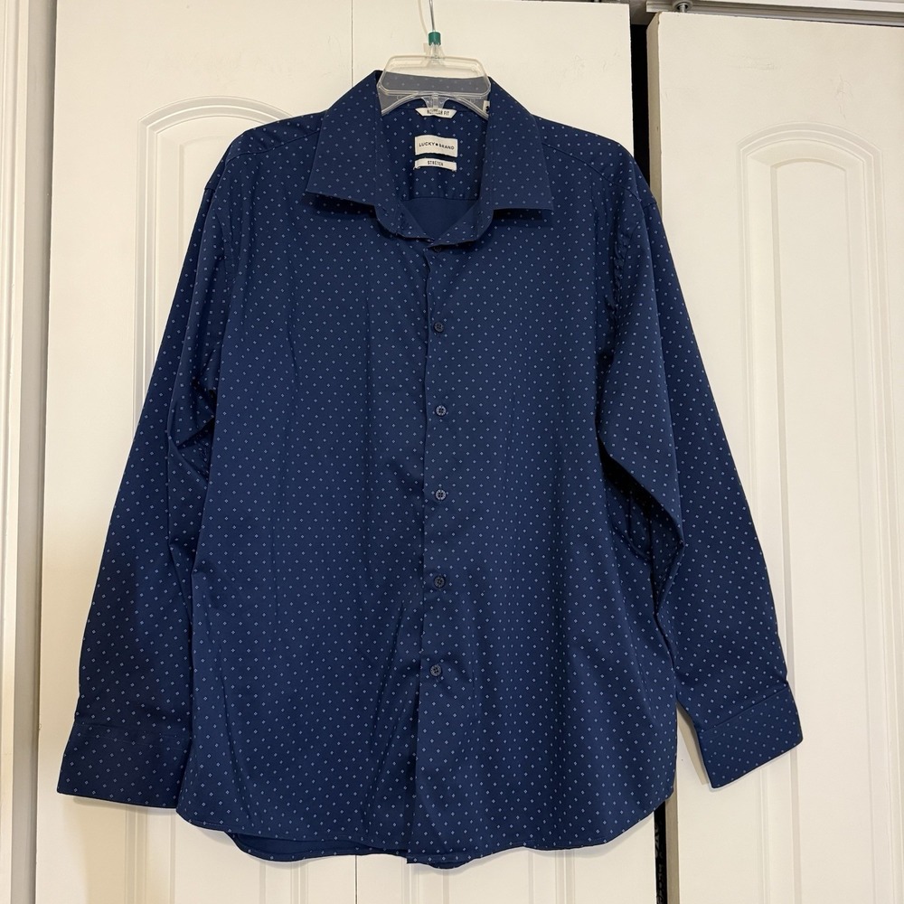 Lucky Brand Men Regular Fit Blue Geometric Stretch Dress Shirt Sz XL 17-17,5 - Picture 1 of 8